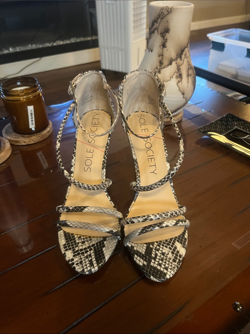 LIKE NEW Sole Society Women's Snake-Print Strappy Heels in Black & White